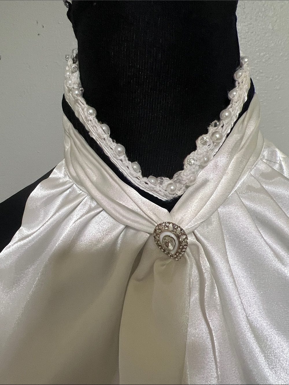 Stock Tie in Ivory Satin with Decorative Brooch and black ribbon - Picture 3 of 5